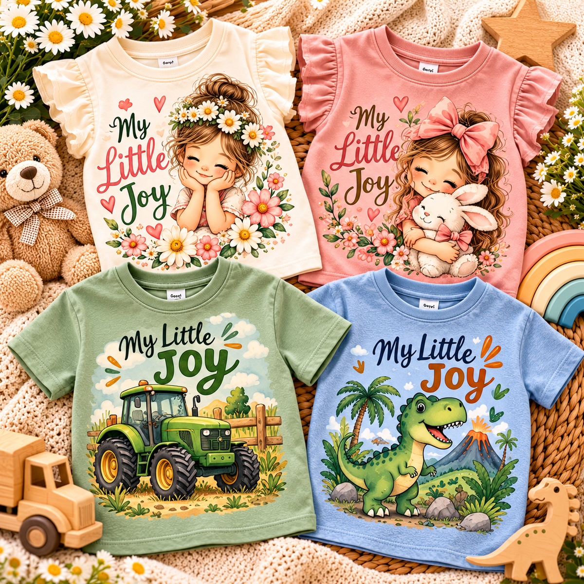 My Little Joy baby and kids clothing with floral girl tees, tractor and dinosaur boy tees