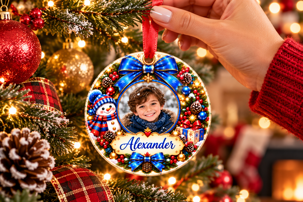 Personalized Photo Christmas Ornament – Custom Name Snowman Keepsake Gift for Kids