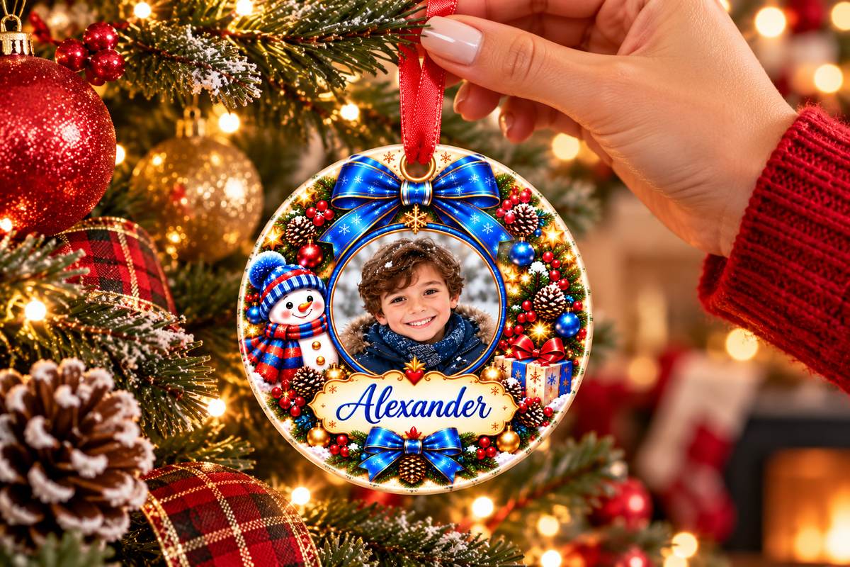 Personalized Photo Christmas Ornament – Custom Name Snowman Keepsake Gift for Kids