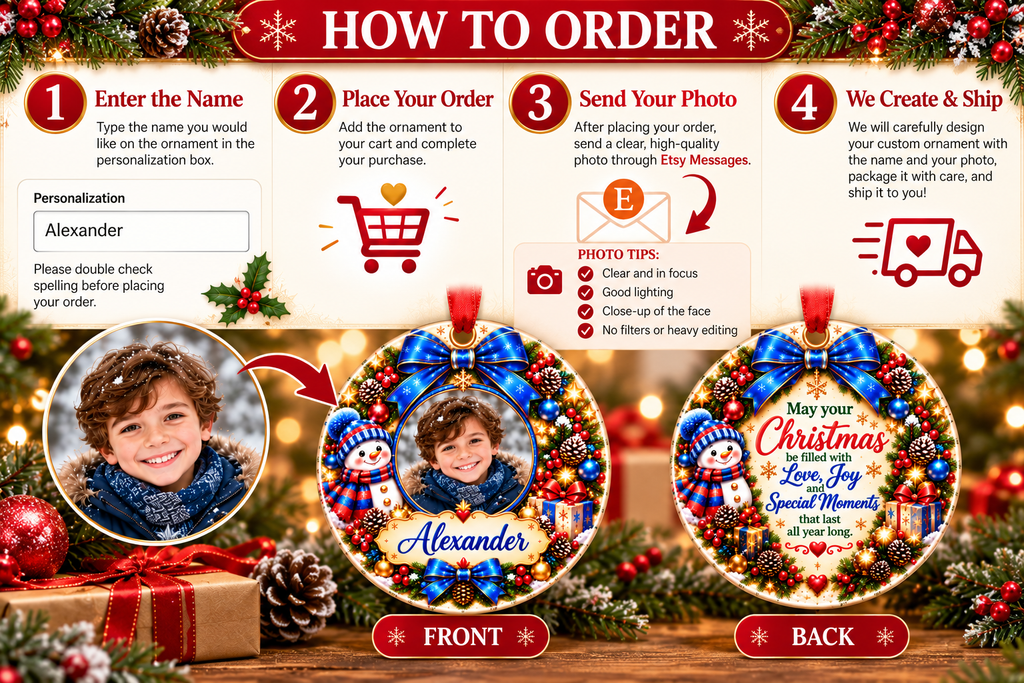 Personalized Photo Christmas Ornament – Custom Name Snowman Keepsake Gift for Kids