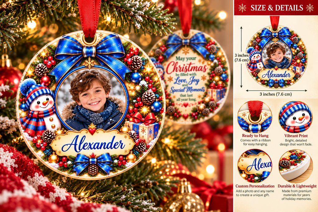 Personalized Photo Christmas Ornament – Custom Name Snowman Keepsake Gift for Kids
