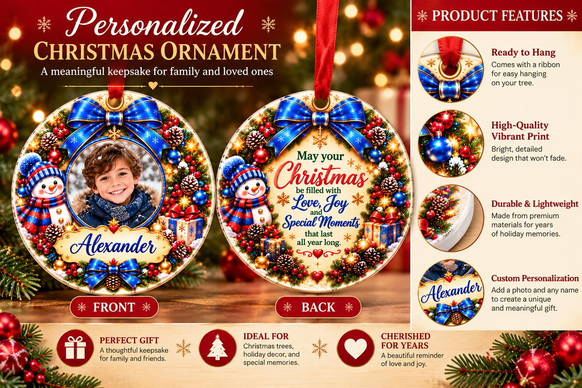 Personalized Photo Christmas Ornament – Custom Name Snowman Keepsake Gift for Kids