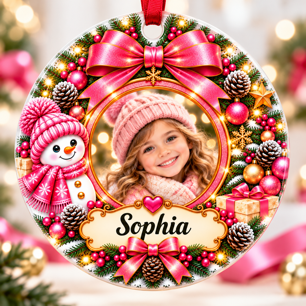 Personalized Photo Christmas Ornament – Custom Name Pink Snowman Keepsake Gift for Girls