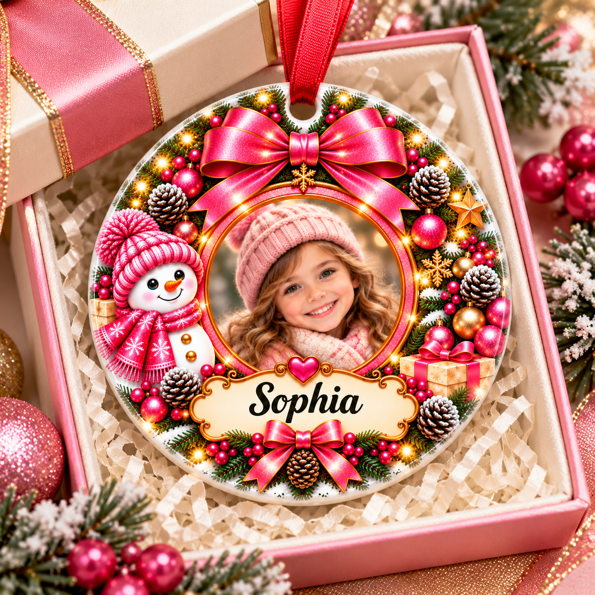 Personalized Photo Christmas Ornament – Custom Name Pink Snowman Keepsake Gift for Girls