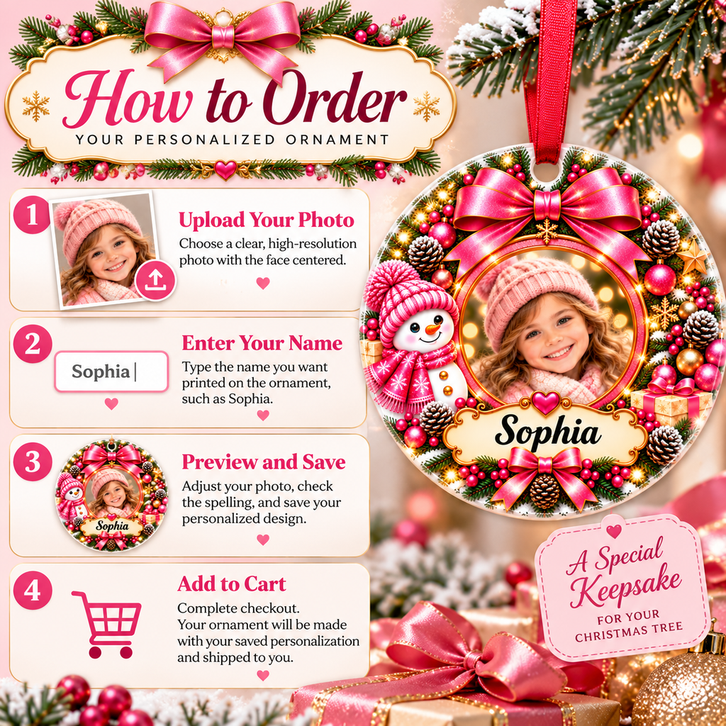 Personalized Photo Christmas Ornament – Custom Name Pink Snowman Keepsake Gift for Girls