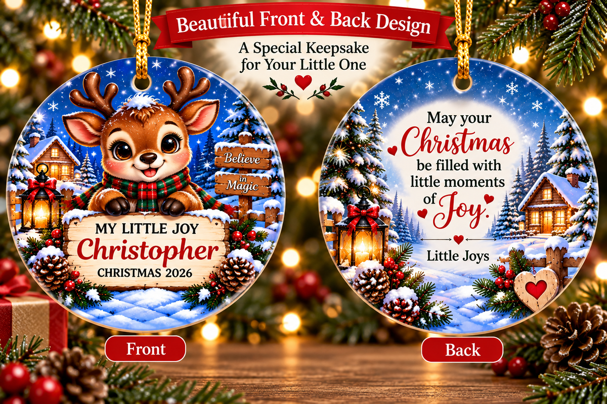 Christopher personalized Christmas ornament front and approved Little Joys back design