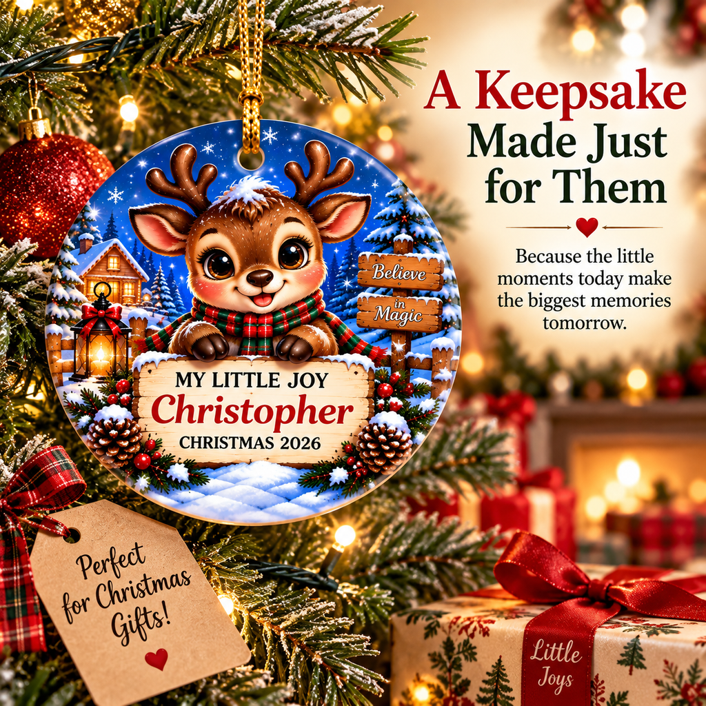 Christopher personalized reindeer ornament in a Christmas gift setting
