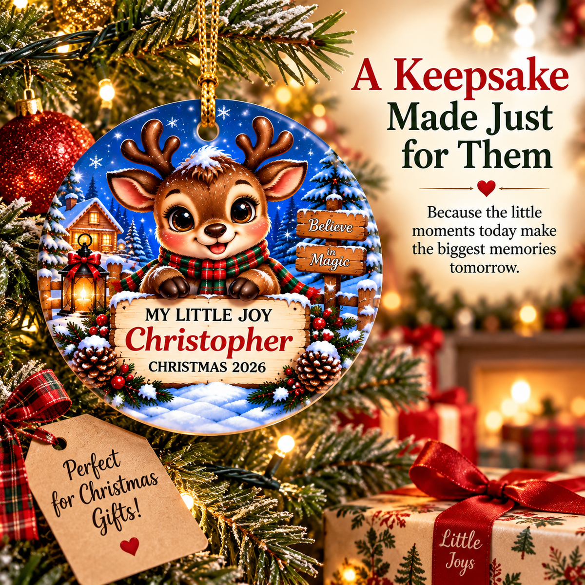 Christopher personalized reindeer ornament in a Christmas gift setting