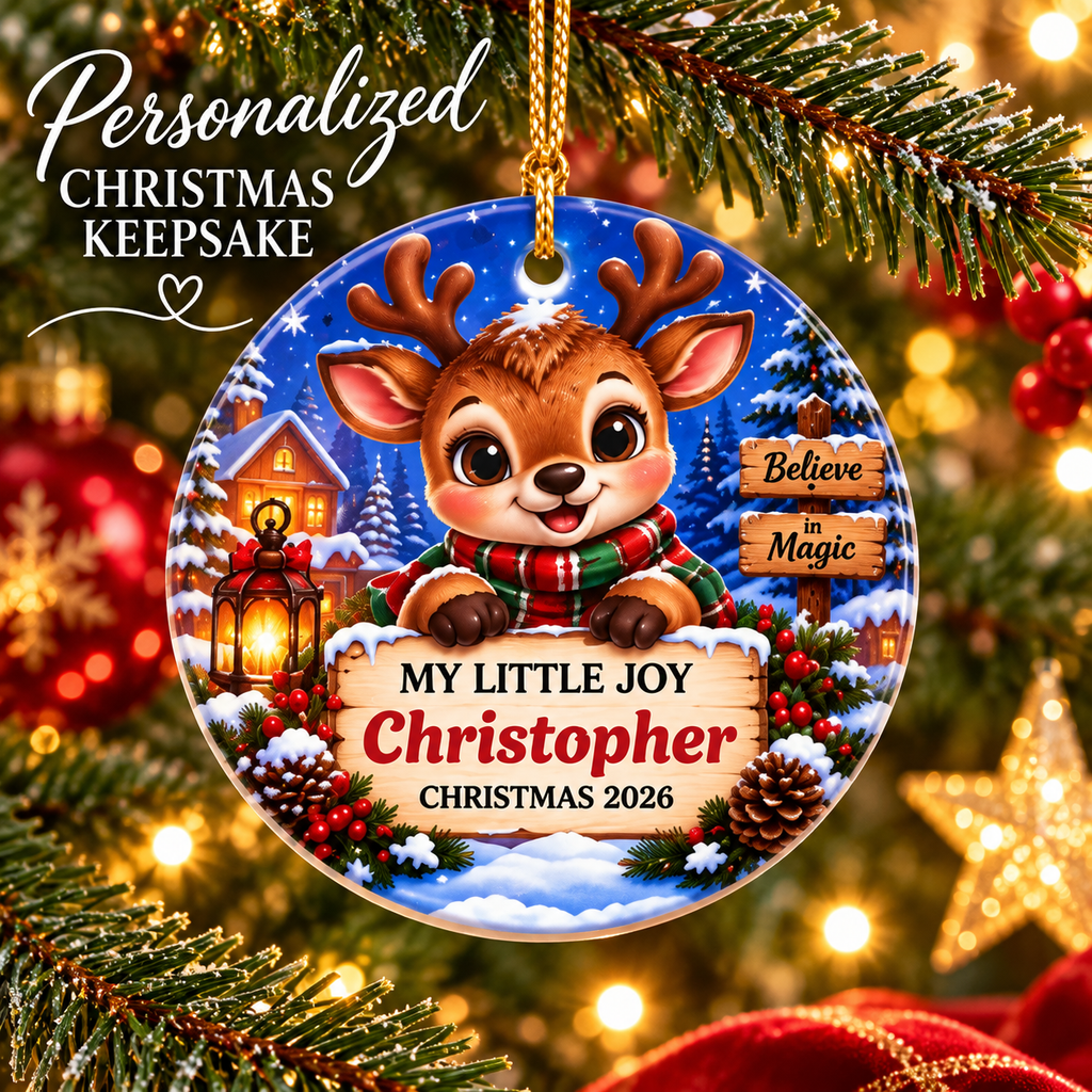 Personalized Christmas ornament for kids with Christopher reindeer design