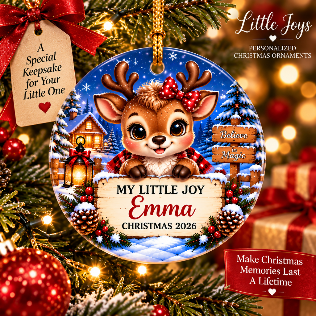 Little Joys personalized Christmas ornament for girls featuring Emma reindeer design