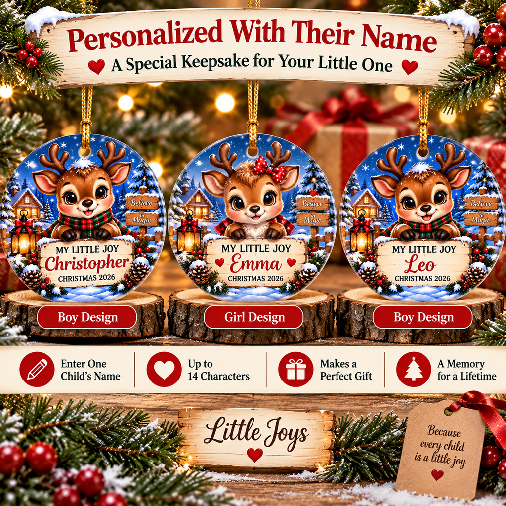 Little Joys personalized Christmas ornaments with name examples